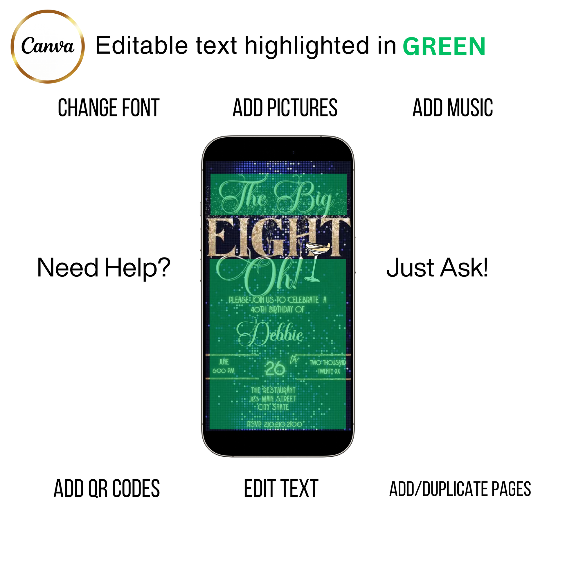 Editable navy blue glitter cocktail 80th birthday video invitation displayed on a mobile phone, featuring an animated vertical digital invite with music, created in Canva. This premium video invitation template is designed for sharing by text, email, and social media and works with an interactive RSVP website for easy guest response tracking.