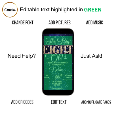 Editable navy blue glitter cocktail 80th birthday video invitation displayed on a mobile phone, featuring an animated vertical digital invite with music, created in Canva. This premium video invitation template is designed for sharing by text, email, and social media and works with an interactive RSVP website for easy guest response tracking.