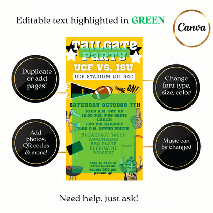 Digital UCF Knights football video invite editable