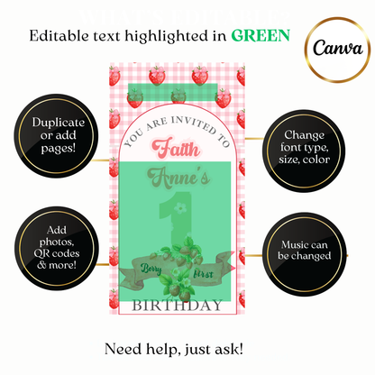 Animated strawberry border looping around invite title on phone