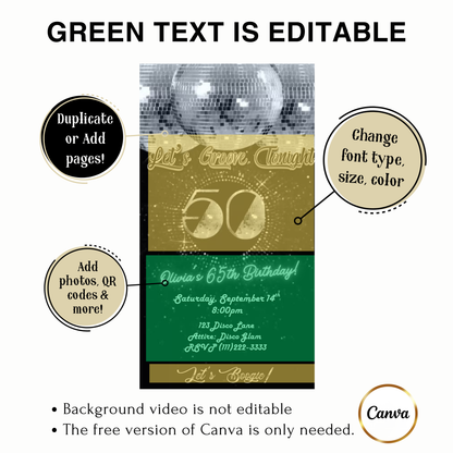 Editable silver studio 54 disco 50th birthday video invitation displayed on a mobile phone, featuring an animated vertical digital invite with music, created in Canva. This premium video invitation template is designed for sharing by text, email, and social media and works with an interactive RSVP website for easy guest response tracking.
