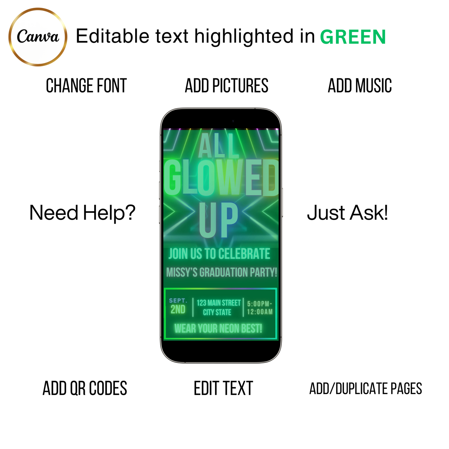 Editable neon glow graduation party video invitation displayed on a mobile phone, featuring an animated vertical digital invite with music, created in Canva. This premium video invitation template is designed for sharing by text, email, and social media and works with an interactive RSVP website for easy guest response tracking.