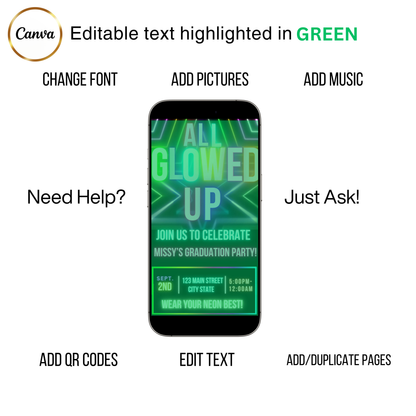 Editable neon glow graduation party video invitation displayed on a mobile phone, featuring an animated vertical digital invite with music, created in Canva. This premium video invitation template is designed for sharing by text, email, and social media and works with an interactive RSVP website for easy guest response tracking.