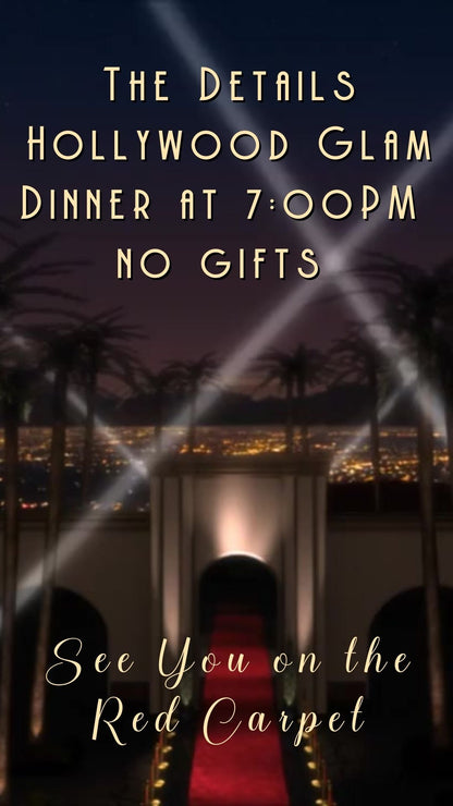 Editable hollywood red carpet 50th birthday birthday video invitation displayed on a mobile phone, featuring an animated vertical digital invite with music, created in Canva. This premium video invitation template is designed for sharing by text, email, and social media and works with an interactive RSVP website for easy guest response tracking.