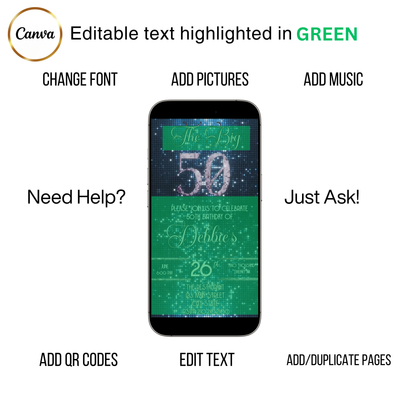 Editable blue glitter 50th birthday video invitation displayed on a mobile phone, featuring an animated vertical digital invite with music, created in Canva. This premium video invitation template is designed for sharing by text, email, and social media and works with an interactive RSVP website for easy guest response tracking.