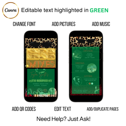 Editable mob wives money and fur 25th birthday video invitation displayed on a mobile phone, featuring an animated vertical digital invite with music, created in Canva. This premium video invitation template is designed for sharing by text, email, and social media and works with an interactive RSVP website for easy guest response tracking.