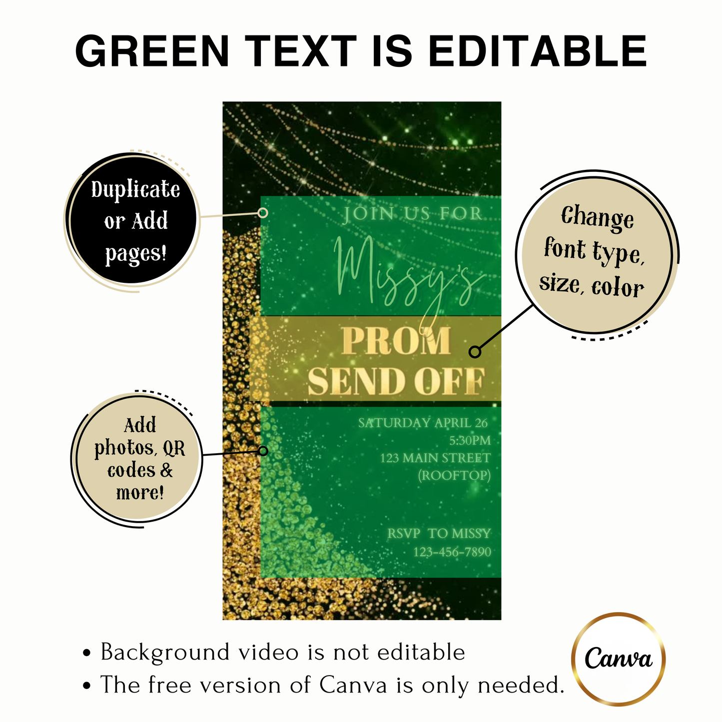 Editable green gold sparkle prom send off video invitation displayed on a mobile phone, featuring an animated vertical digital invite with music, created in Canva. This premium video invitation template is designed for sharing by text, email, and social media and works with an interactive RSVP website for easy guest response tracking.