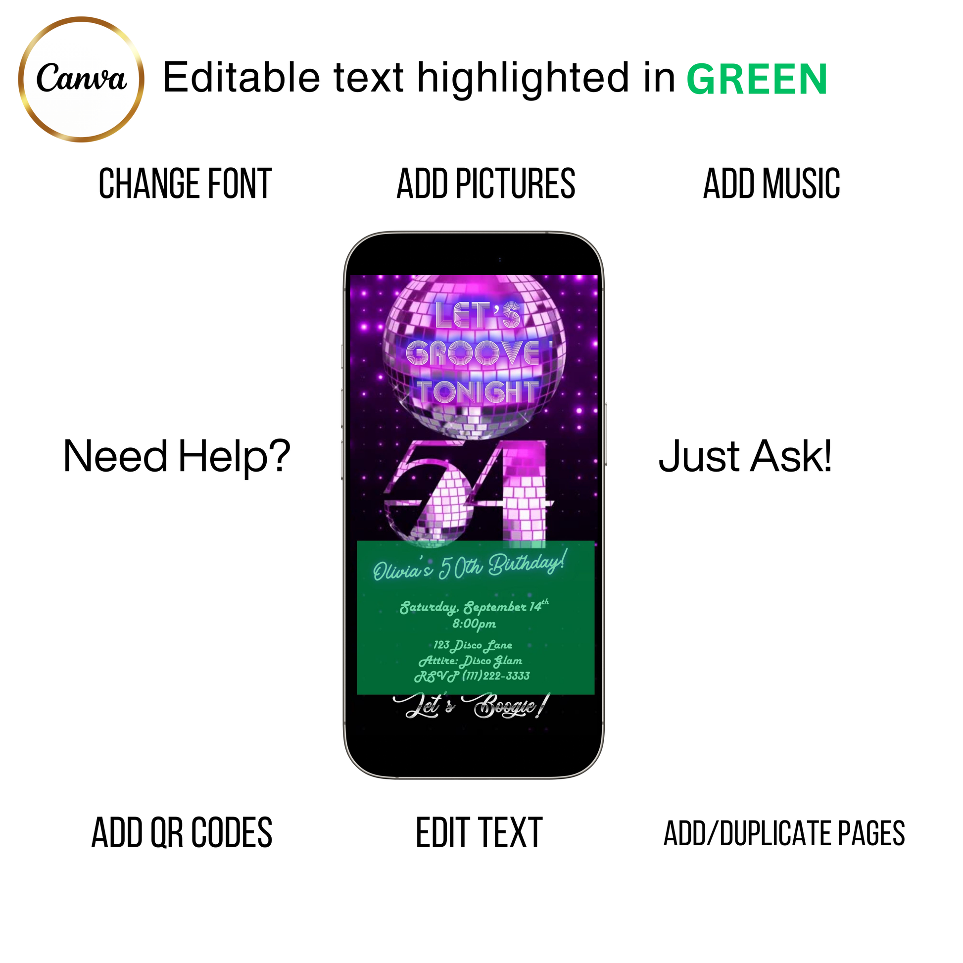 Editable purple disco 54th birthday video invitation displayed on a mobile phone, featuring an animated vertical digital invite with music, created in Canva. This premium video invitation template is designed for sharing by text, email, and social media and works with an interactive RSVP website for easy guest response tracking.
