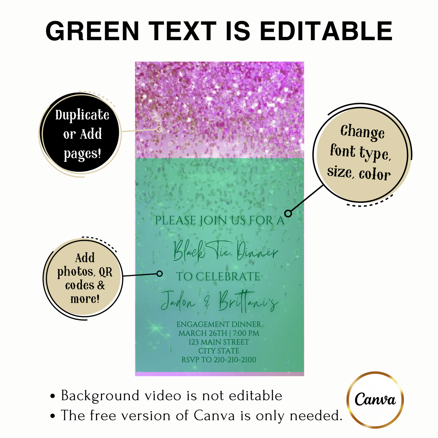 Editable purple watercolor glitter black tie engagement dinner video invitation displayed on a mobile phone, featuring an animated vertical digital invite with music, created in Canva. This premium video invitation template is designed for sharing by text, email, and social media and works with an interactive RSVP website for easy guest response tracking.