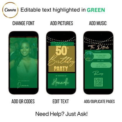 Editable black gold glam 50th birthday video invitation displayed on a mobile phone, featuring an animated vertical digital invite with music, created in Canva. This premium video invitation template is designed for sharing by text, email, and social media and works with an interactive RSVP website for easy guest response tracking.