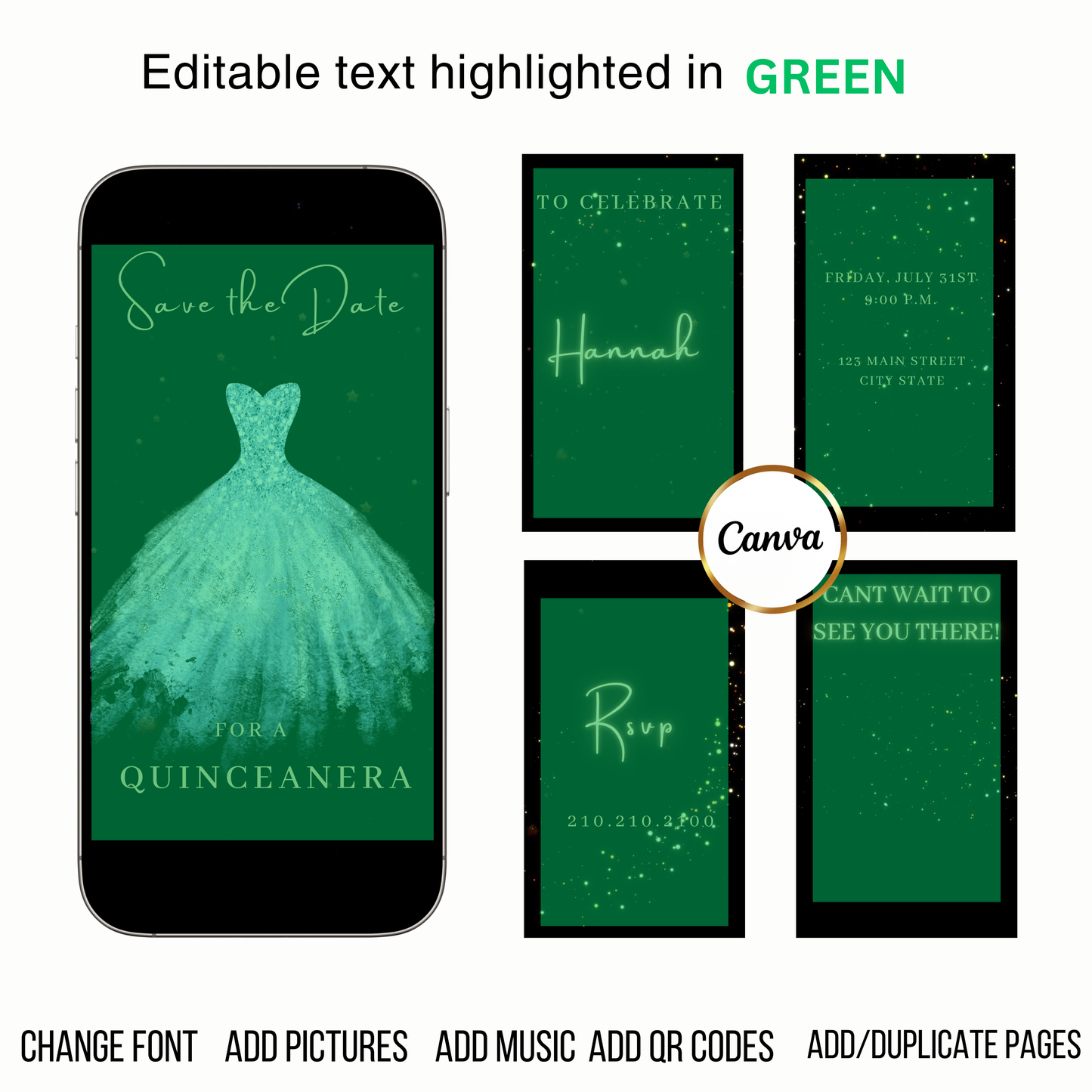 Editable light blue sparkly dress Quinceañera video invitation displayed on a mobile phone, featuring an animated vertical digital invite with music, created in Canva. This premium video invitation template is designed for sharing by text, email, and social media and works with an interactive RSVP website for easy guest response tracking.
