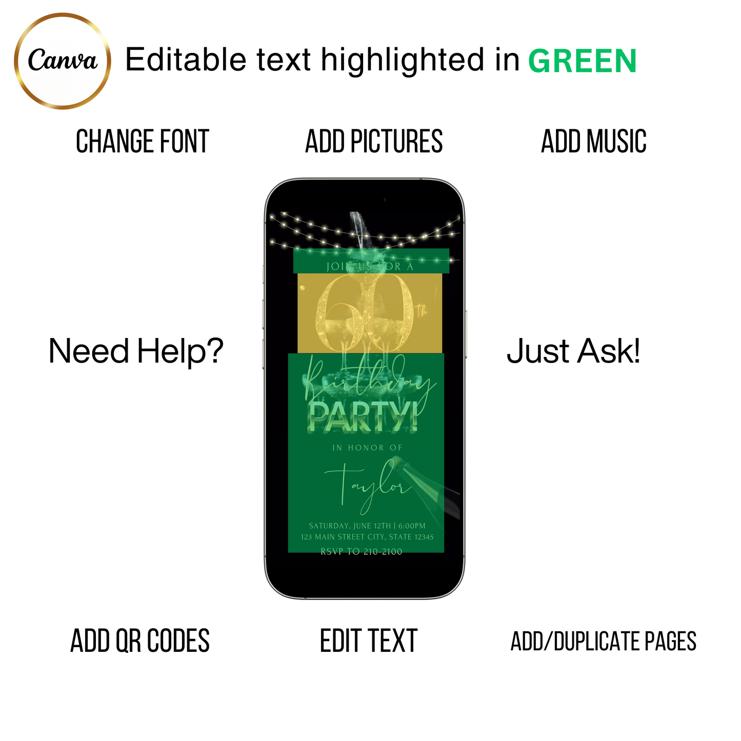 Editable black gold champagne 60th birthday video invitation displayed on a mobile phone, featuring an animated vertical digital invite with music, created in Canva. This premium video invitation template is designed for sharing by text, email, and social media and works with an interactive RSVP website for easy guest response tracking.