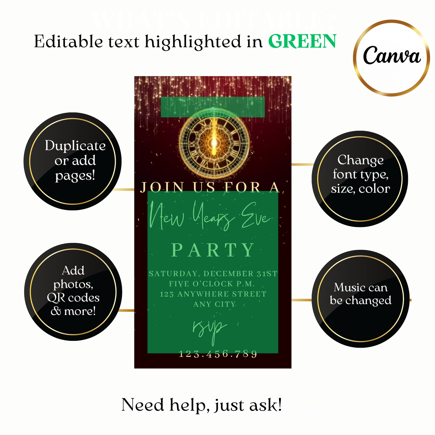 Custom red clock NYE video invite design