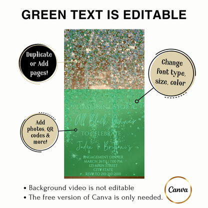 Editable sage green and gold watercolor glitter engagement dinner video invitation displayed on a mobile phone, featuring an animated vertical digital invite with music, created in Canva. This premium video invitation template is designed for sharing by text, email, and social media and works with an interactive RSVP website for easy guest response tracking.