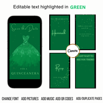Editable emerald green quinceañera video invitation displayed on a mobile phone, featuring an animated vertical digital invite with music, created in Canva. This premium video invitation template is designed for sharing by text, email, and social media and works with an interactive RSVP website for easy guest response tracking.