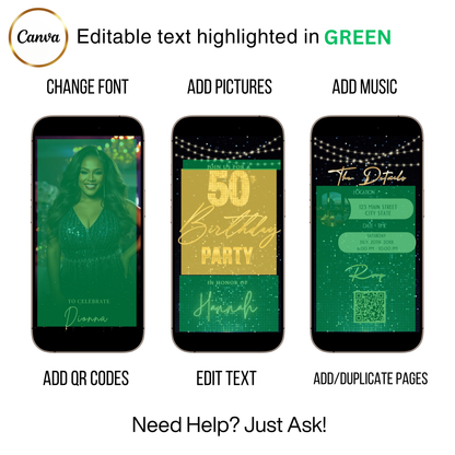 Editable gold stars 50th birthday party video invitation displayed on a mobile phone, featuring an animated vertical digital invite with music, created in Canva. This premium video invitation template is designed for sharing by text, email, and social media and works with an interactive RSVP website for easy guest response tracking.