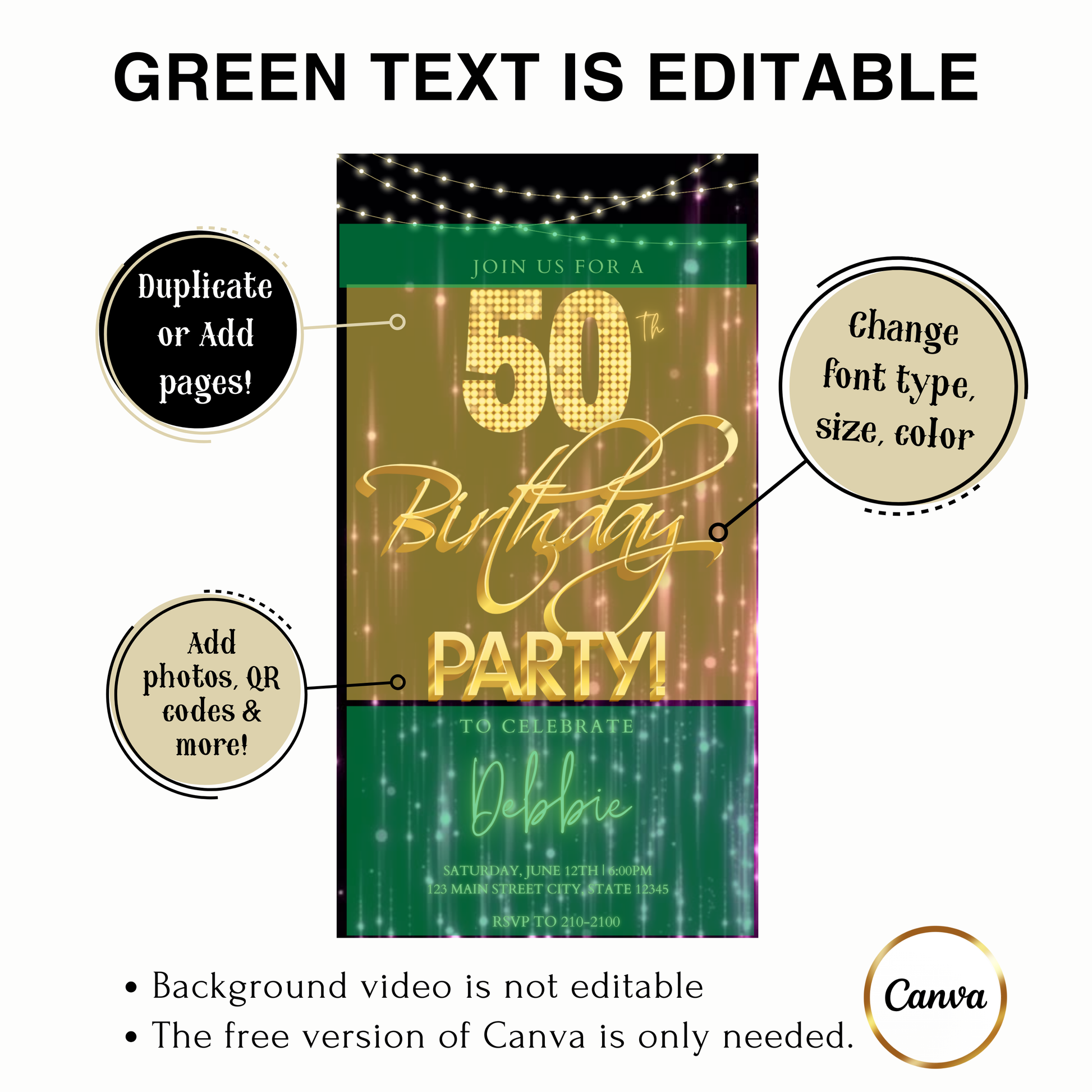 Editable purple gold glam 50th birthday party video invitation displayed on a mobile phone, featuring an animated vertical digital invite with music, created in Canva. This premium video invitation template is designed for sharing by text, email, and social media and works with an interactive RSVP website for easy guest response tracking.