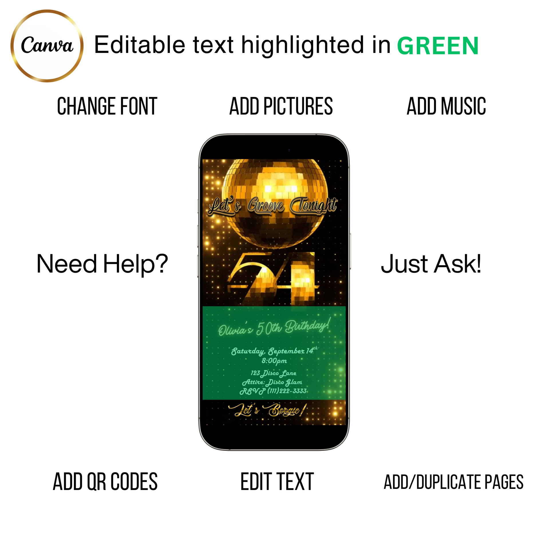 Editable gold disco 54th birthday video invitation displayed on a mobile phone, featuring an animated vertical digital invite with music, created in Canva. This premium video invitation template is designed for sharing by text, email, and social media and works with an interactive RSVP website for easy guest response tracking.