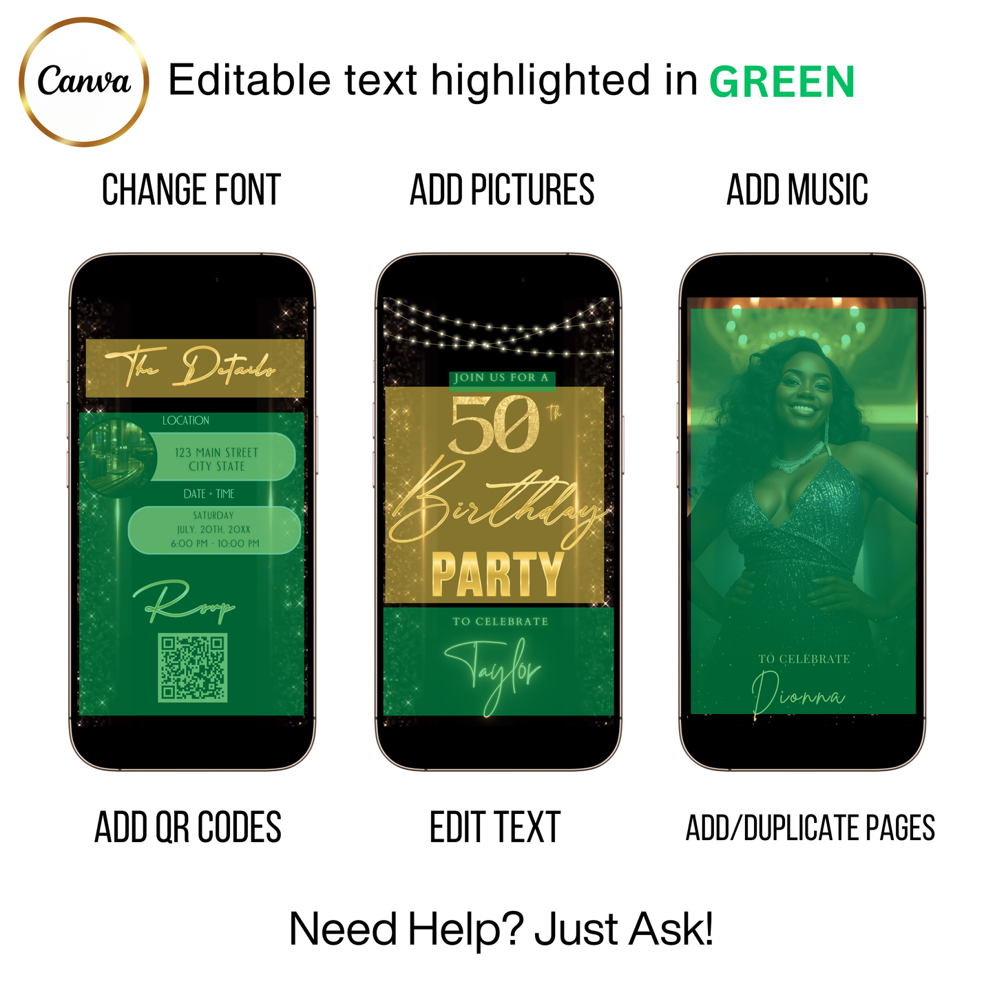 Editable black gold sparkle 50th birthday video invitation displayed on a mobile phone, featuring an animated vertical digital invite with music, created in Canva. This premium video invitation template is designed for sharing by text, email, and social media and works with an interactive RSVP website for easy guest response tracking.