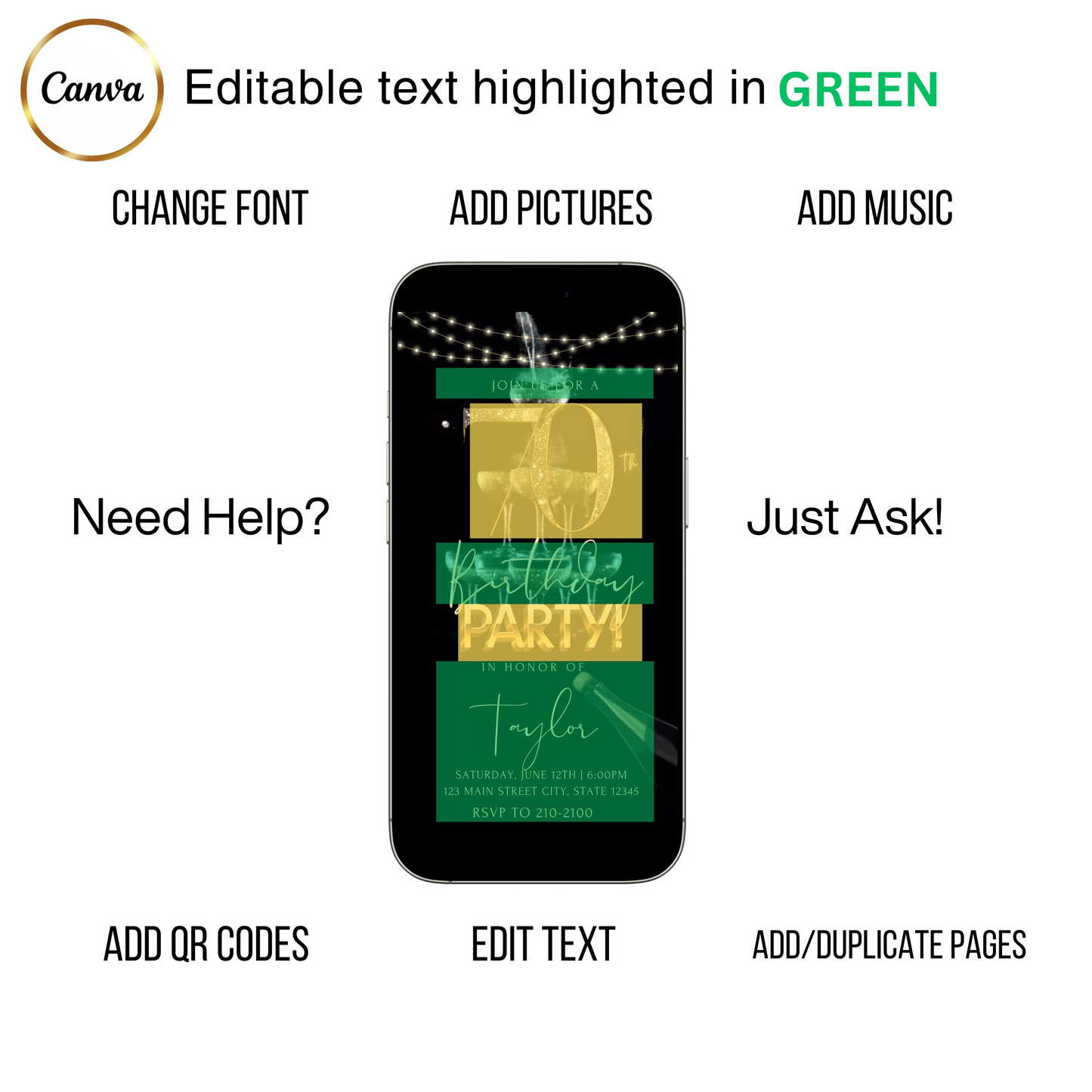 Editable champagne gold 70th birthday video invitation displayed on a mobile phone, featuring an animated vertical digital invite with music, created in Canva. This premium video invitation template is designed for sharing by text, email, and social media and works with an interactive RSVP website for easy guest response tracking.