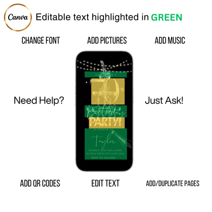 Editable champagne gold 70th birthday video invitation displayed on a mobile phone, featuring an animated vertical digital invite with music, created in Canva. This premium video invitation template is designed for sharing by text, email, and social media and works with an interactive RSVP website for easy guest response tracking.