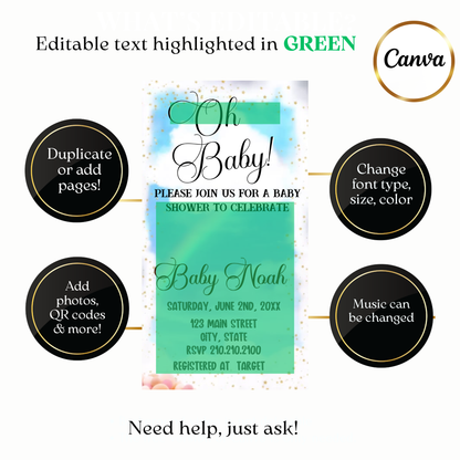 Custom watercolor oh baby shower video invite design