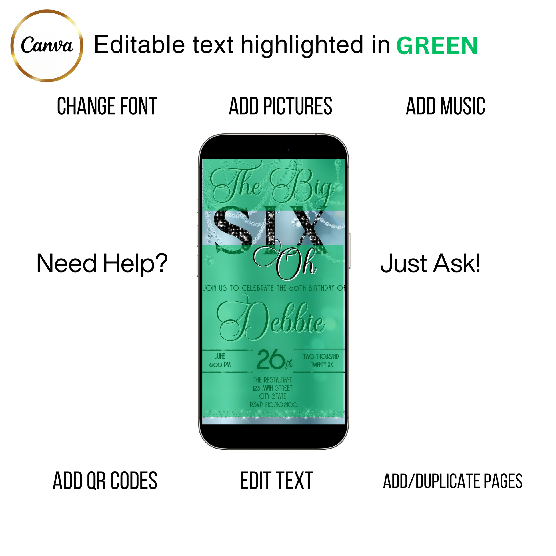 Editable baby blue elegant 60th birthday video invitation displayed on a mobile phone, featuring an animated vertical digital invite with music, created in Canva. This premium video invitation template is designed for sharing by text, email, and social media and works with an interactive RSVP website for easy guest response tracking.