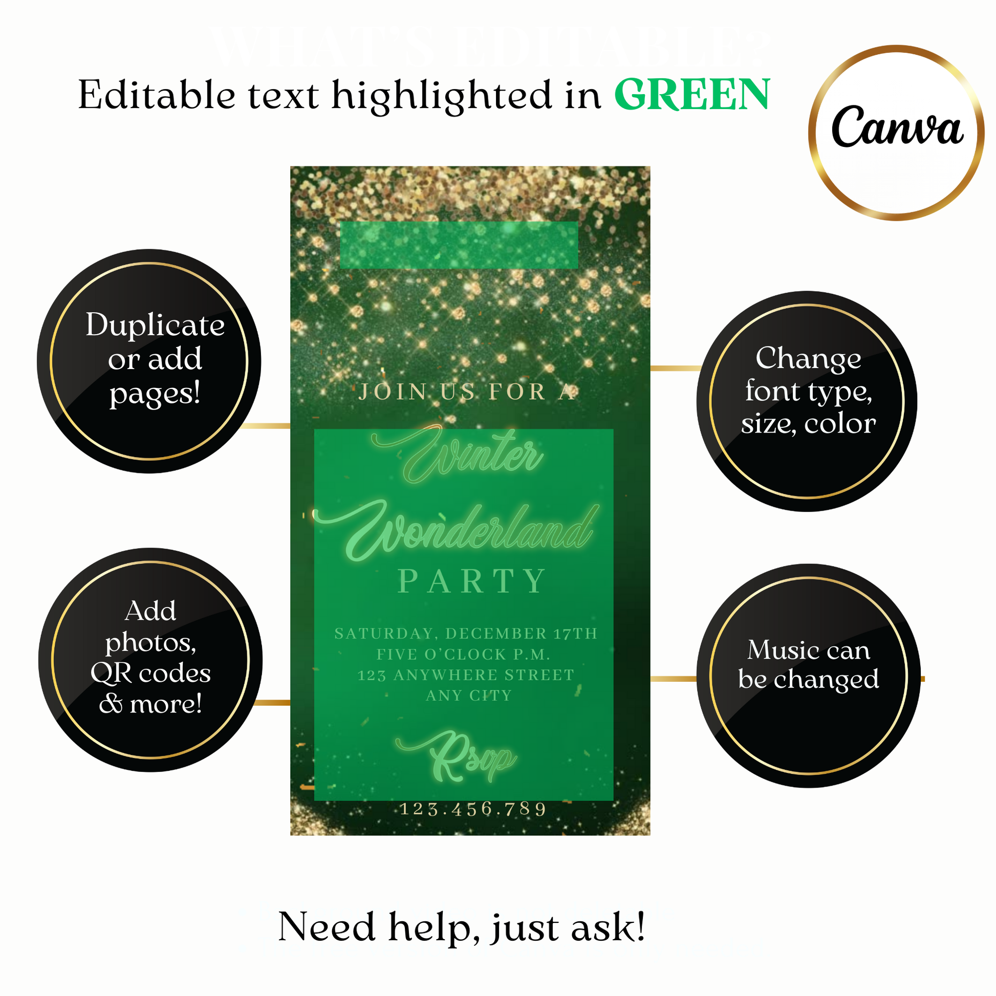 Animated emerald and gold video invitation with festive sparkle