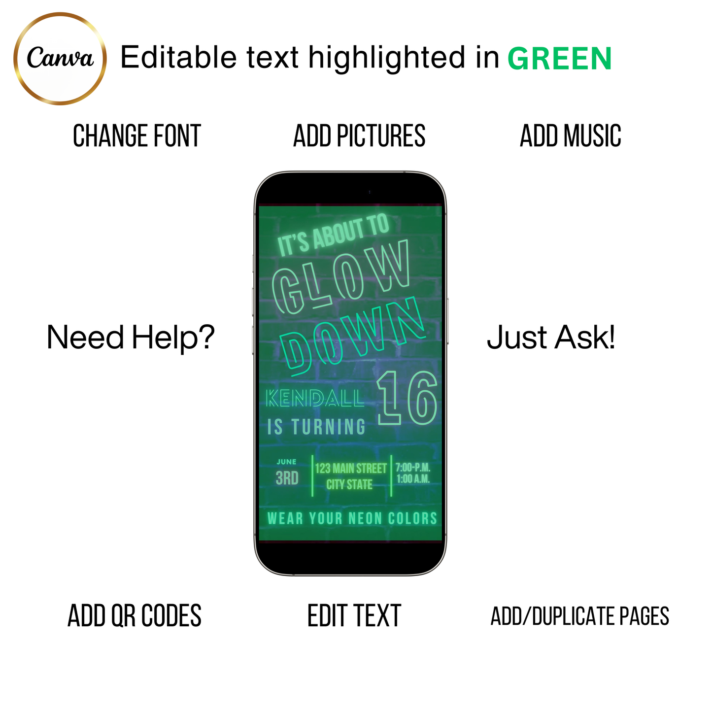 Editable neon glow brick sweet 16 birthday video invitation displayed on a mobile phone, featuring an animated vertical digital invite with music, created in Canva. This premium video invitation template is designed for sharing by text, email, and social media and works with an interactive RSVP website for easy guest response tracking.