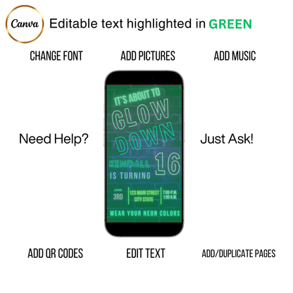 Editable neon glow brick sweet 16 birthday video invitation displayed on a mobile phone, featuring an animated vertical digital invite with music, created in Canva. This premium video invitation template is designed for sharing by text, email, and social media and works with an interactive RSVP website for easy guest response tracking.