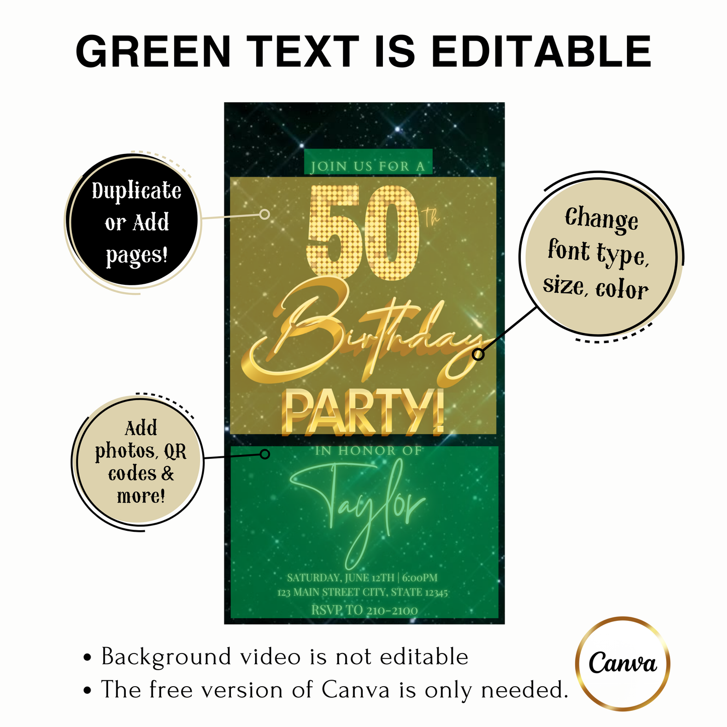 Editable emerald green gold glam 50th birthday video invitation displayed on a mobile phone, featuring an animated vertical digital invite with music, created in Canva. This premium video invitation template is designed for sharing by text, email, and social media and works with an interactive RSVP website for easy guest response tracking.