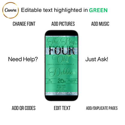 Editable baby blue champagne 40th birthday video invitation displayed on a mobile phone, featuring an animated vertical digital invite with music, created in Canva. This premium video invitation template is designed for sharing by text, email, and social media and works with an interactive RSVP website for easy guest response tracking.