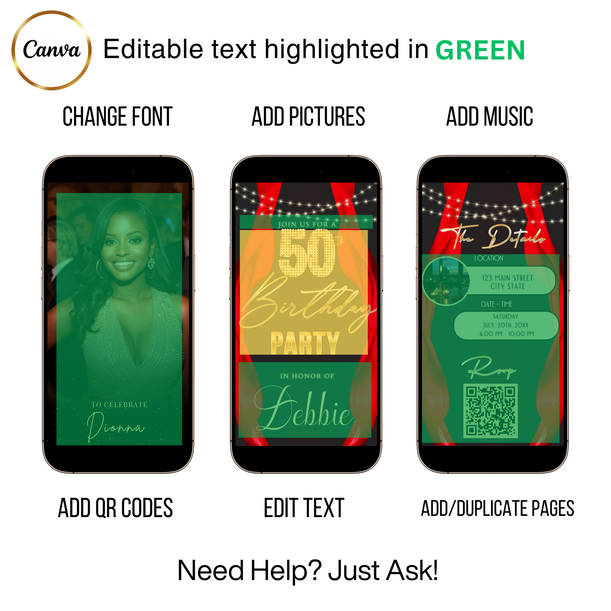 Editable red curtain 50th birthday party video invitation displayed on a mobile phone, featuring an animated vertical digital invite with music, created in Canva. This premium video invitation template is designed for sharing by text, email, and social media and works with an interactive RSVP website for easy guest response tracking.