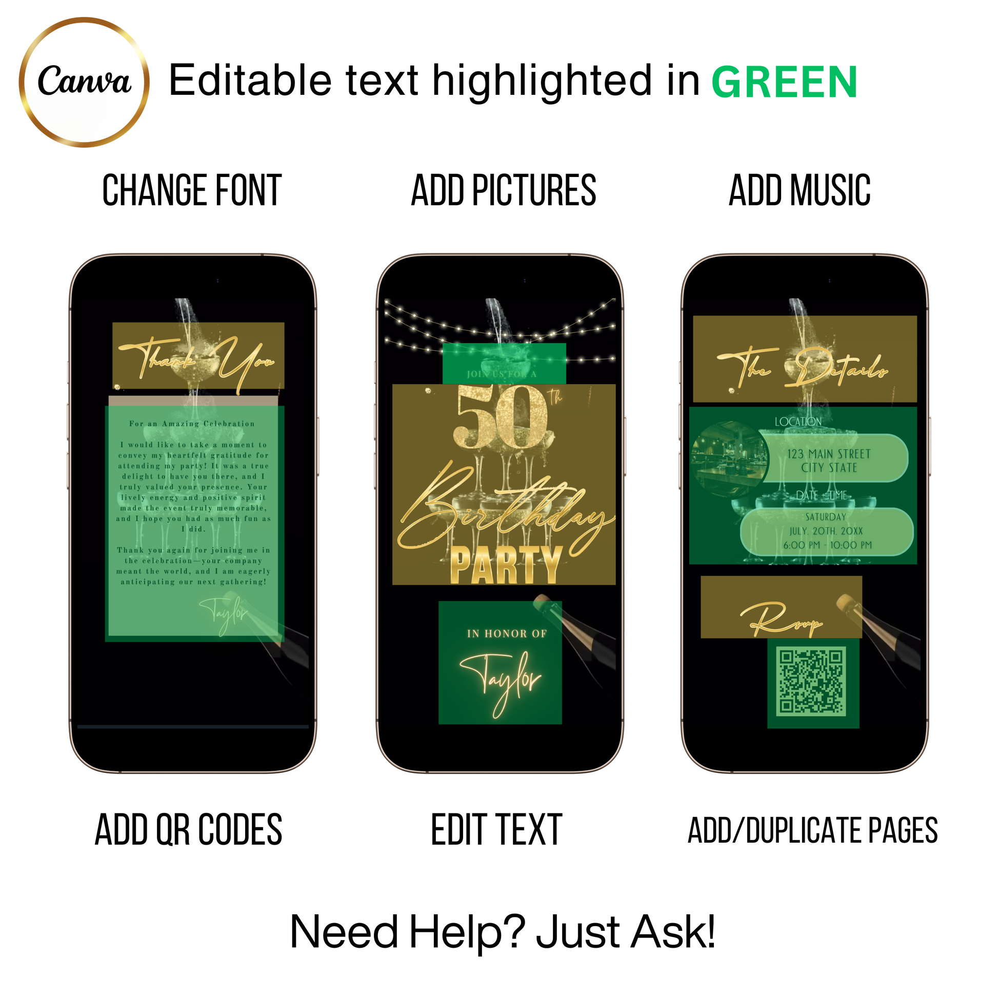 Editable black gold champagne tower 50th birthday video invitation displayed on a mobile phone, featuring an animated vertical digital invite with music, created in Canva. This premium video invitation template is designed for sharing by text, email, and social media and works with an interactive RSVP website for easy guest response tracking.