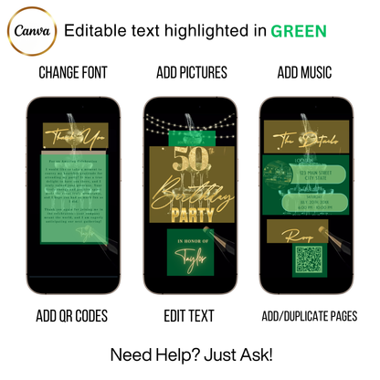 Editable black gold champagne tower 50th birthday video invitation displayed on a mobile phone, featuring an animated vertical digital invite with music, created in Canva. This premium video invitation template is designed for sharing by text, email, and social media and works with an interactive RSVP website for easy guest response tracking.