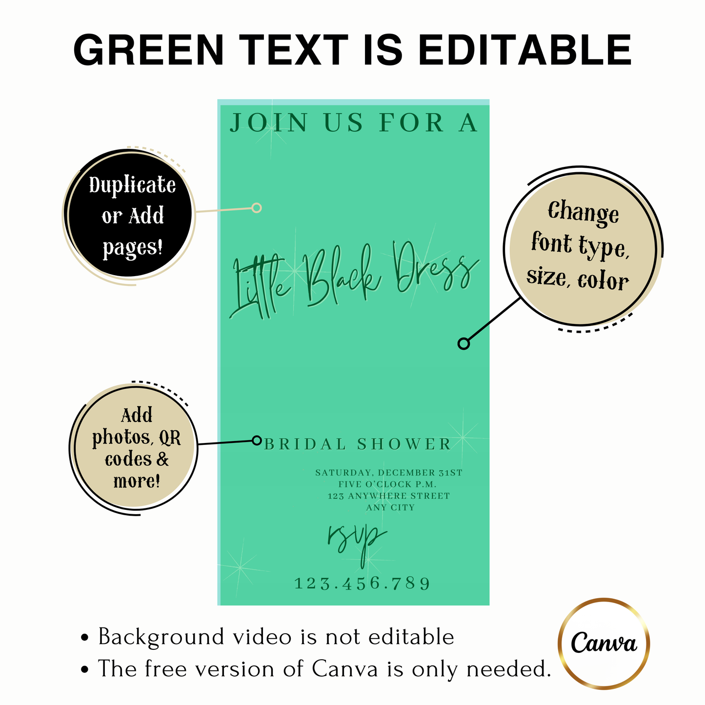 Editable tiffany blue little black dress bridal shower video invitation displayed on a mobile phone, featuring an animated vertical digital invite with music, created in Canva. This premium video invitation template is designed for sharing by text, email, and social media and works with an interactive RSVP website for easy guest response tracking.