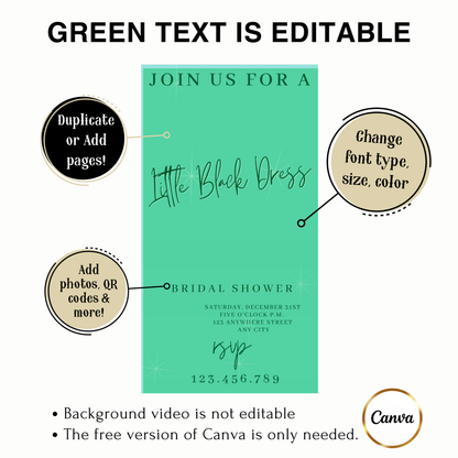 Editable tiffany blue little black dress bridal shower video invitation displayed on a mobile phone, featuring an animated vertical digital invite with music, created in Canva. This premium video invitation template is designed for sharing by text, email, and social media and works with an interactive RSVP website for easy guest response tracking.