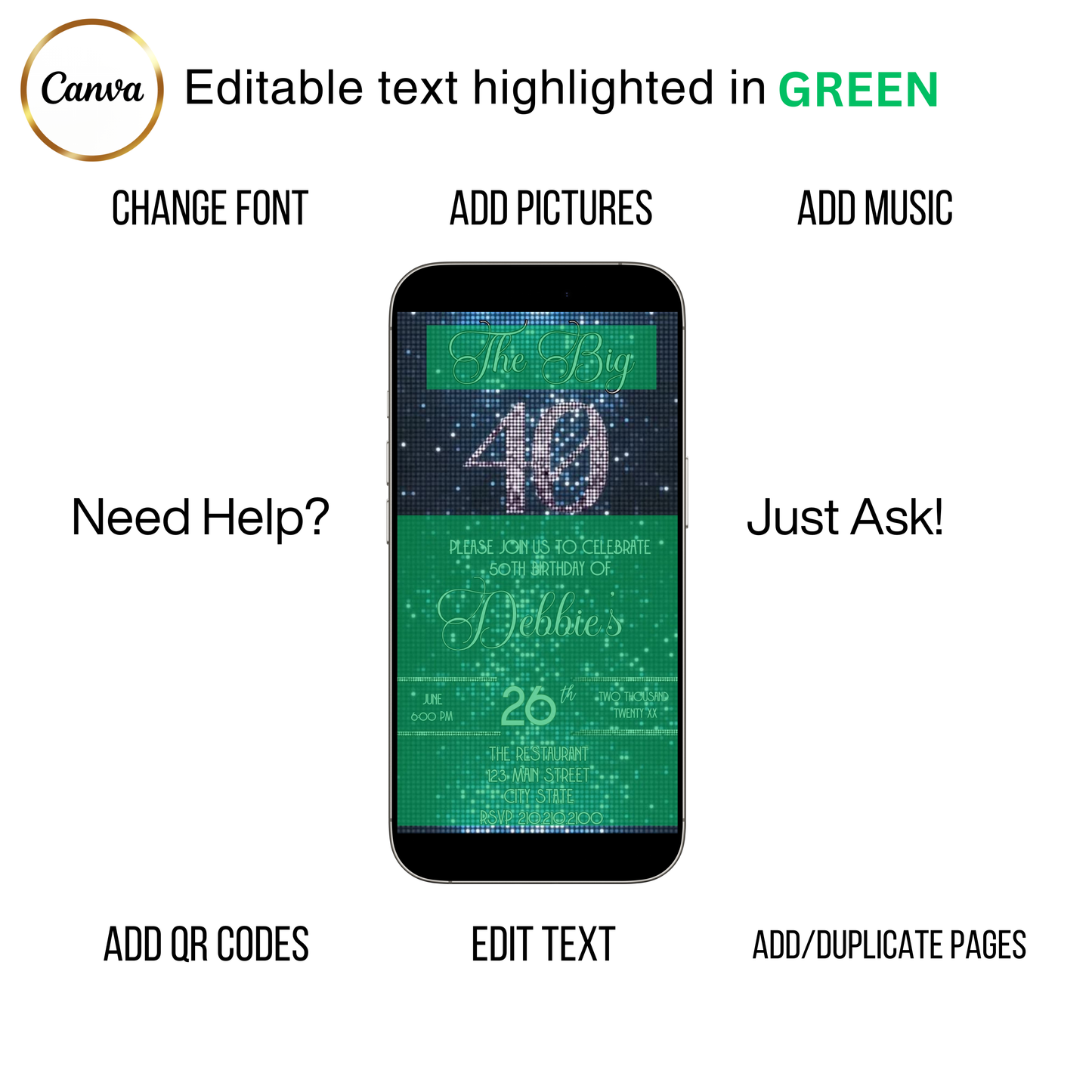 Editable blue sequin 40th birthday video invitation displayed on a mobile phone, featuring an animated vertical digital invite with music, created in Canva. This premium video invitation template is designed for sharing by text, email, and social media and works with an interactive RSVP website for easy guest response tracking.