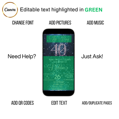 Editable blue sequin 40th birthday video invitation displayed on a mobile phone, featuring an animated vertical digital invite with music, created in Canva. This premium video invitation template is designed for sharing by text, email, and social media and works with an interactive RSVP website for easy guest response tracking.