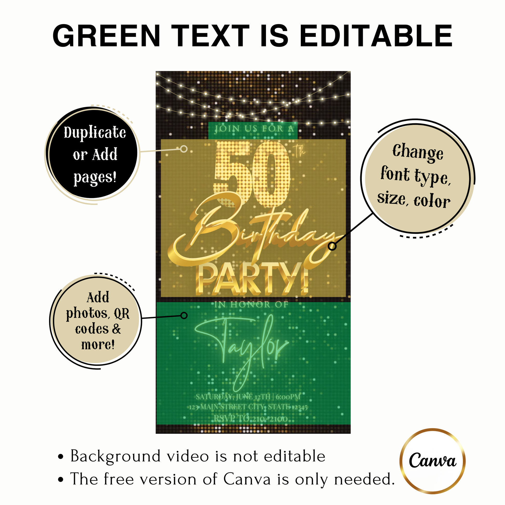 Editable black gold sequin 50th birthday video invitation displayed on a mobile phone, featuring an animated vertical digital invite with music, created in Canva. This premium video invitation template is designed for sharing by text, email, and social media and works with an interactive RSVP website for easy guest response tracking.