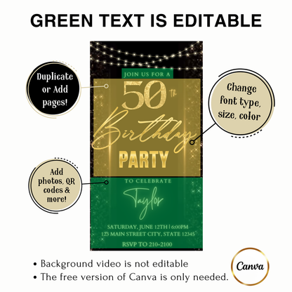Editable blue gold modern 50th birthday video invitation displayed on a mobile phone, featuring an animated vertical digital invite with music, created in Canva. This premium video invitation template is designed for sharing by text, email, and social media and works with an interactive RSVP website for easy guest response tracking.