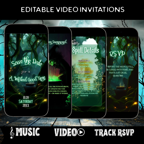 Editable abracadabra halloween party party video invitation displayed on a mobile phone, featuring an animated vertical digital invite with music, created in Canva. This premium video invitation template is designed for sharing by text, email, and social media and works with an interactive RSVP website for easy guest response tracking.