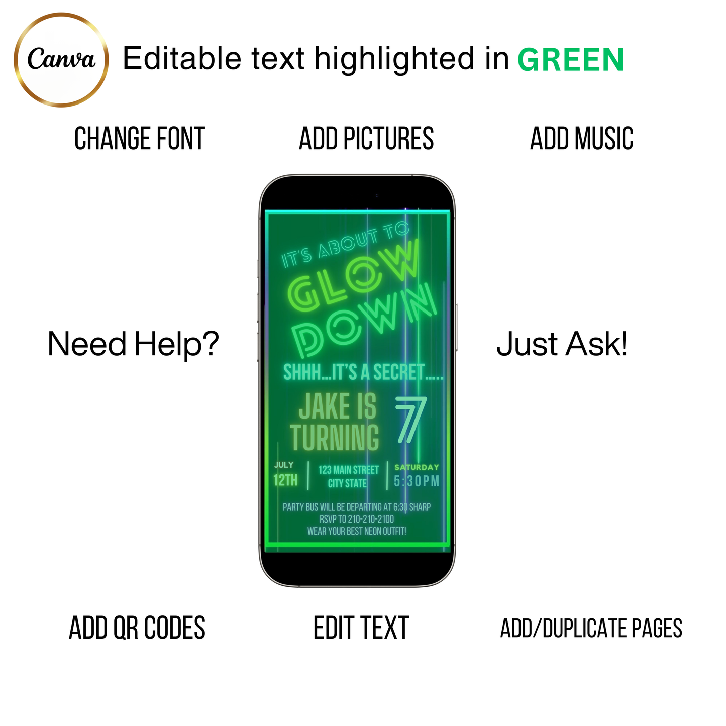 Editable neon glow down birthday video invitation displayed on a mobile phone, featuring an animated vertical digital invite with music, created in Canva. This premium video invitation template is designed for sharing by text, email, and social media and works with an interactive RSVP website for easy guest response tracking.