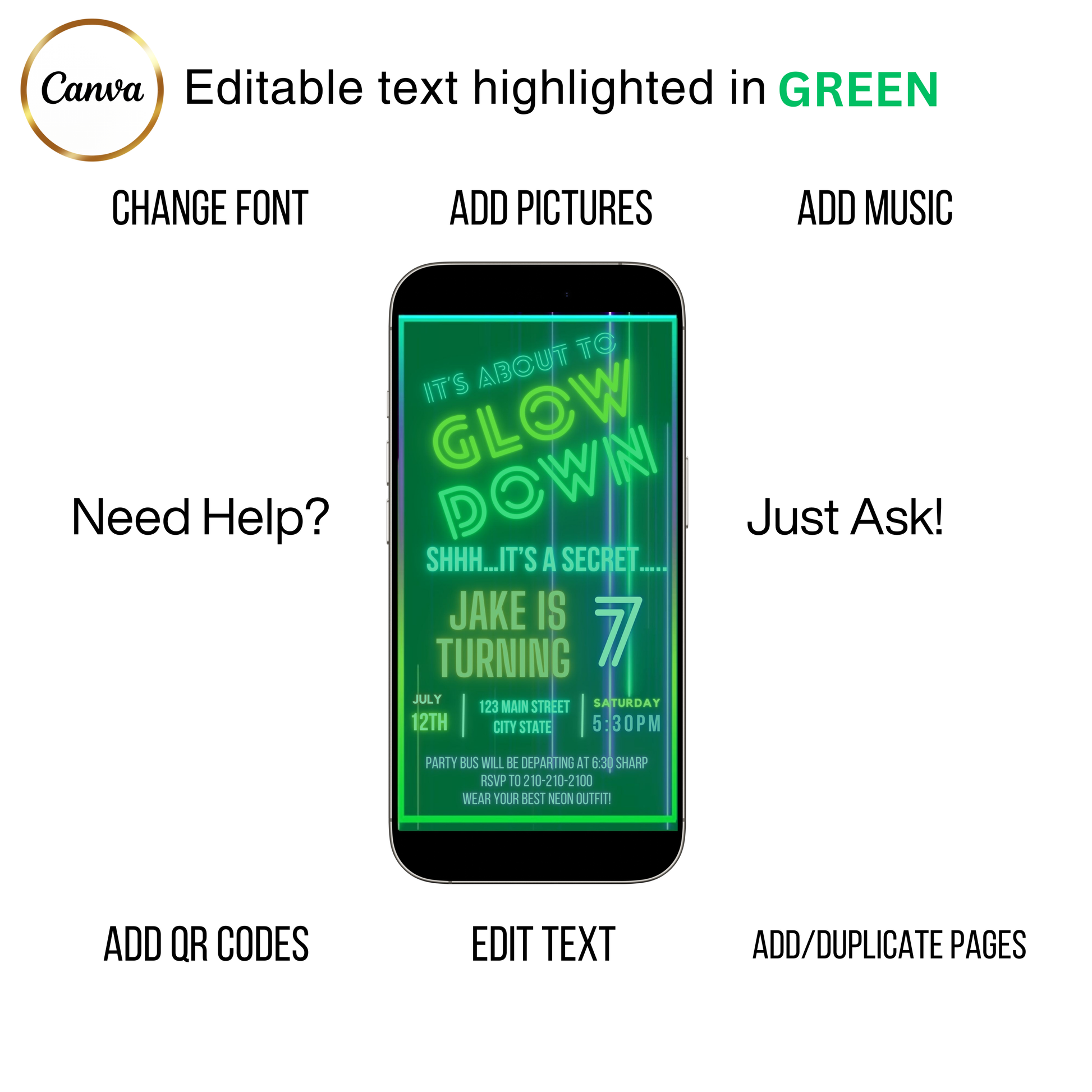 Editable neon glow down birthday video invitation displayed on a mobile phone, featuring an animated vertical digital invite with music, created in Canva. This premium video invitation template is designed for sharing by text, email, and social media and works with an interactive RSVP website for easy guest response tracking.