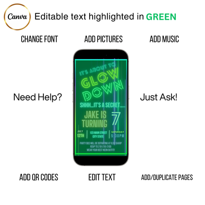 Editable neon glow down birthday video invitation displayed on a mobile phone, featuring an animated vertical digital invite with music, created in Canva. This premium video invitation template is designed for sharing by text, email, and social media and works with an interactive RSVP website for easy guest response tracking.