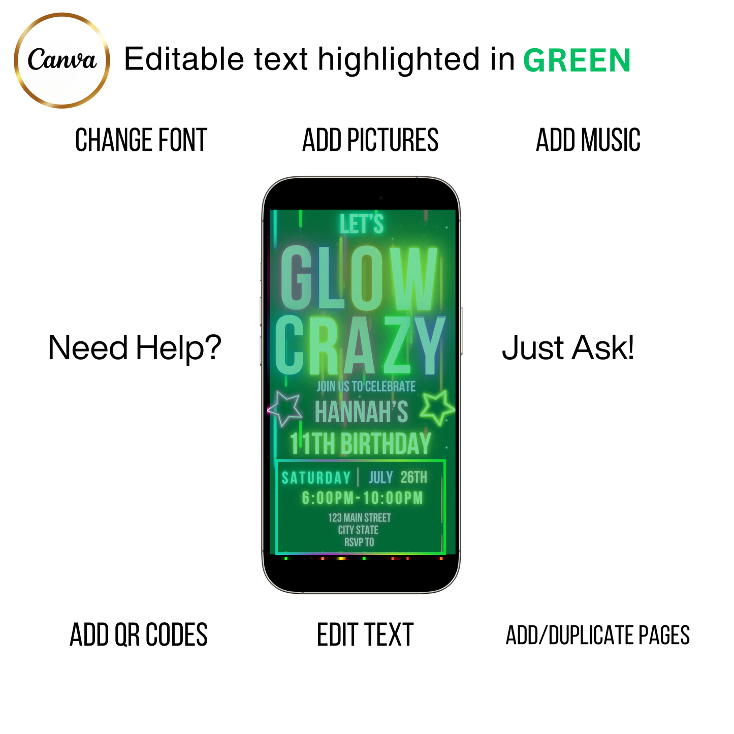 Editable glow crazy 11th birthday video invitation displayed on a mobile phone, featuring an animated vertical digital invite with music, created in Canva. This premium video invitation template is designed for sharing by text, email, and social media and works with an interactive RSVP website for easy guest response tracking.