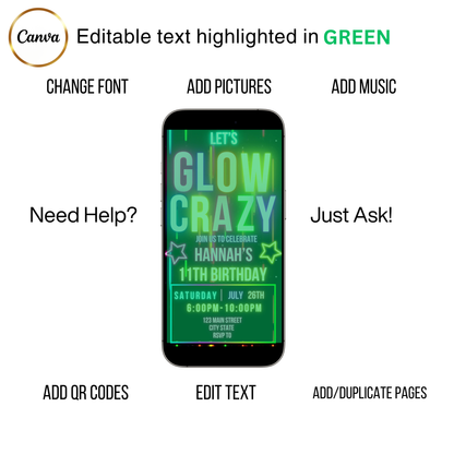 Editable glow crazy 11th birthday video invitation displayed on a mobile phone, featuring an animated vertical digital invite with music, created in Canva. This premium video invitation template is designed for sharing by text, email, and social media and works with an interactive RSVP website for easy guest response tracking.