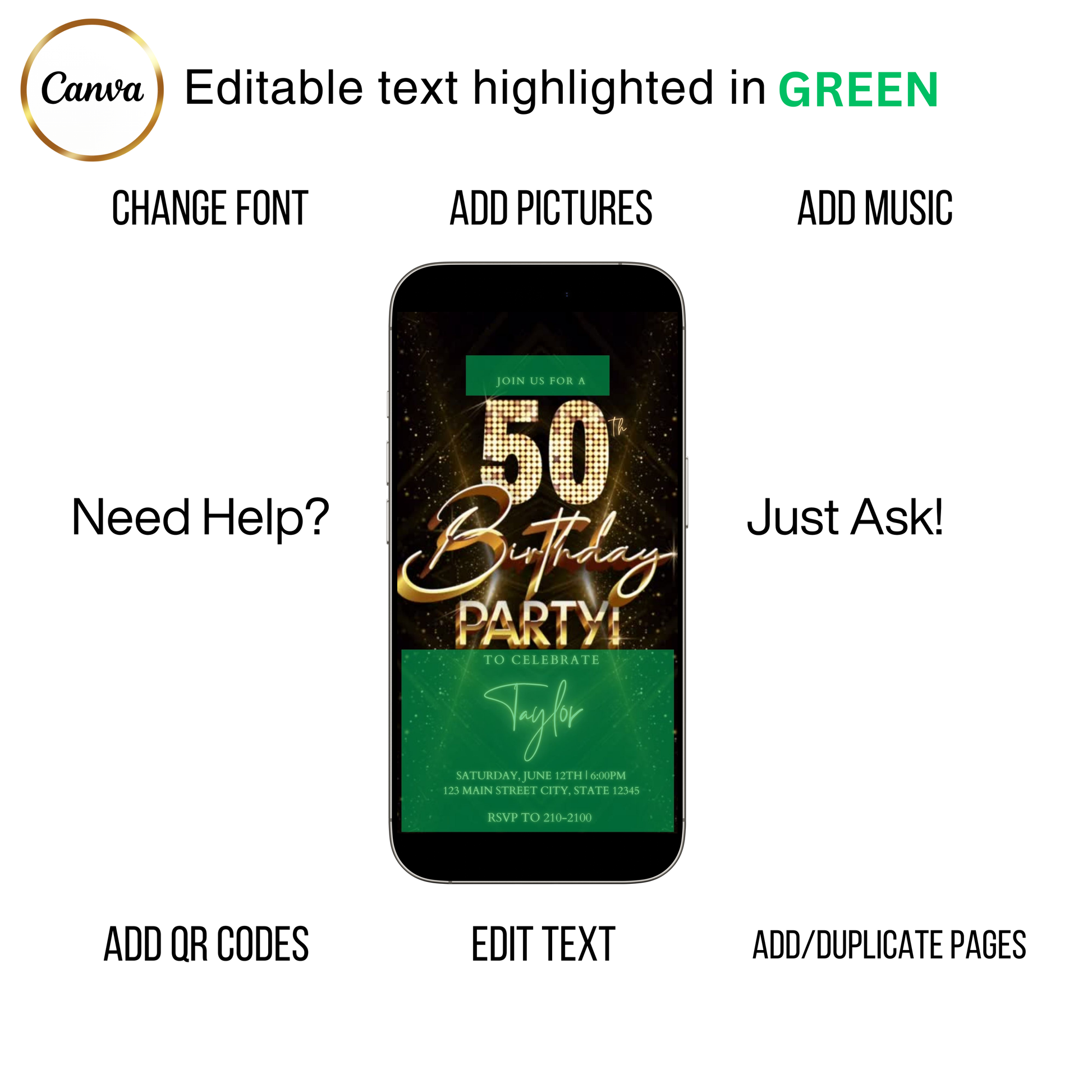 Editable gold glitter 50th birthday party video invitation displayed on a mobile phone, featuring an animated vertical digital invite with music, created in Canva. This premium video invitation template is designed for sharing by text, email, and social media and works with an interactive RSVP website for easy guest response tracking.