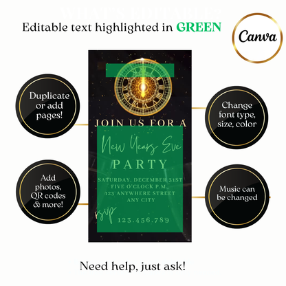 Custom glitter clock NYE video invite design