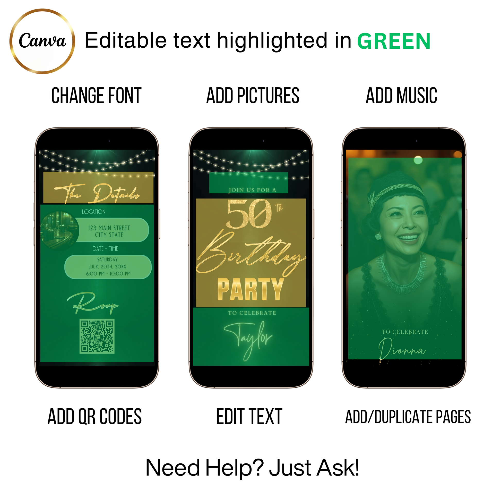 Editable dark green gold string lights 50th birthday video invitation displayed on a mobile phone, featuring an animated vertical digital invite with music, created in Canva. This premium video invitation template is designed for sharing by text, email, and social media and works with an interactive RSVP website for easy guest response tracking.